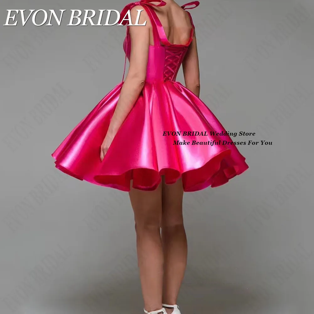 EVON BRIDAL Mini Prom Party Dress With Pocket A-Line Satin Hot Pink Sleeveless Short Homecoming Dresses Spaghetti Straps Lace Up