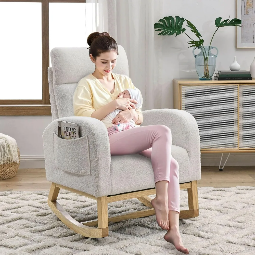 

Rocking Chair Nursery, Glider Chair With High Back And Side Pocket, Solid Wood Frame Armchair With Non-Slip Padding For Nursery,