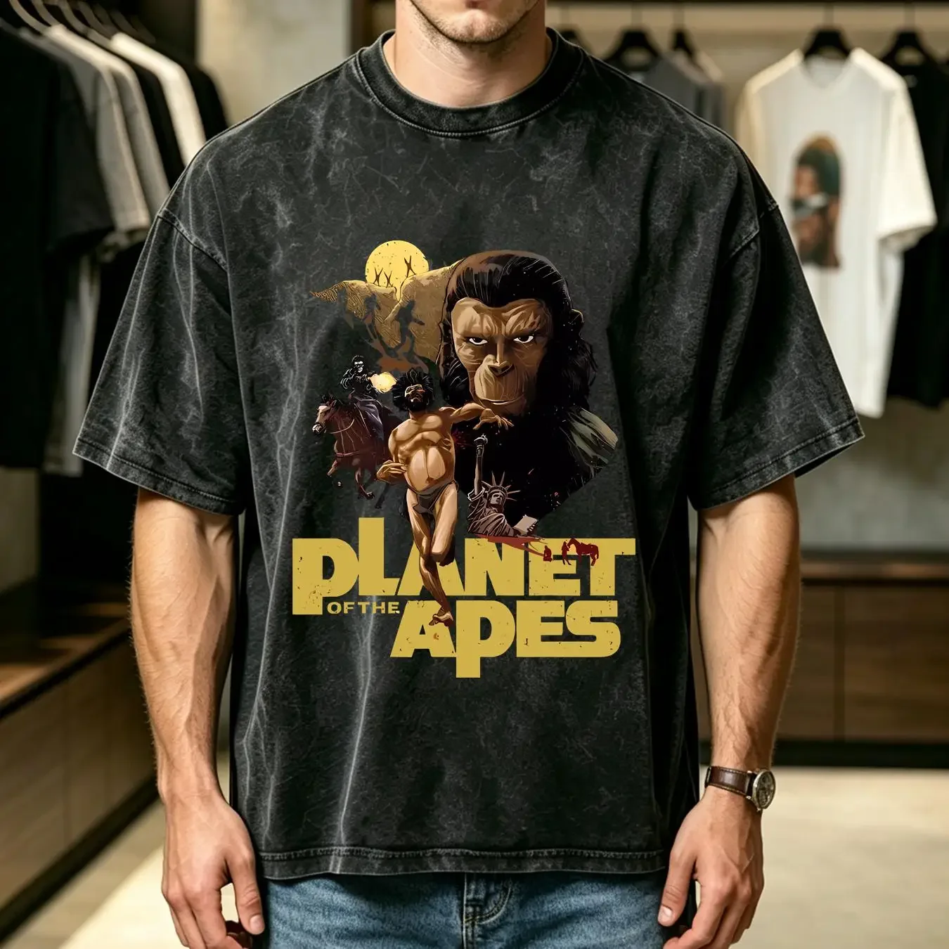 washed T Shirt Planet of The Apes Movie Logo Men's Royal Blue Size S 3XL vintage Washed Top For Everyday Wear Comfortable Soft