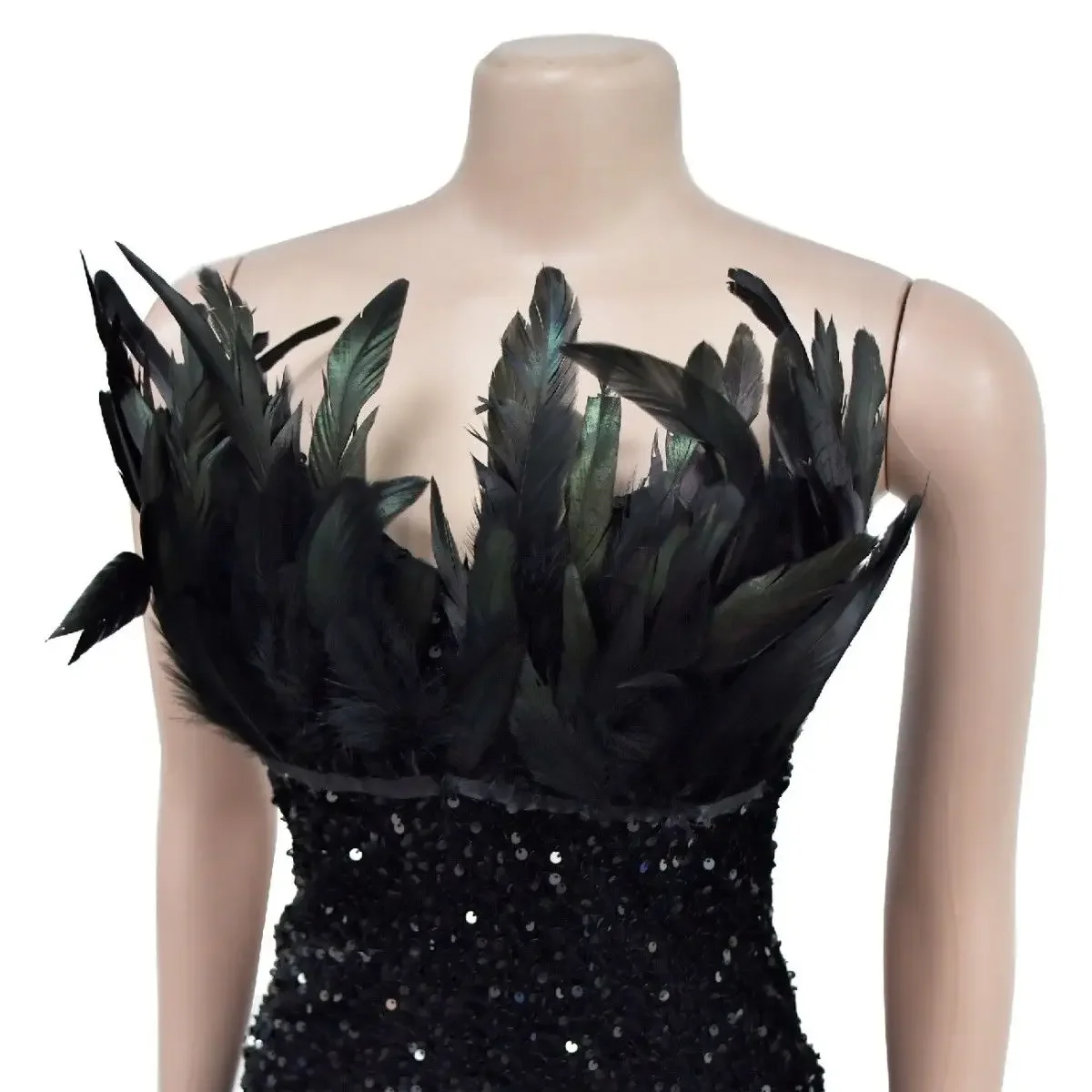 

High quality Sexy Strapless Women Professional Latin Dance Dress Ballroom Dance Competition Sequin Feather Ceremonial Dress