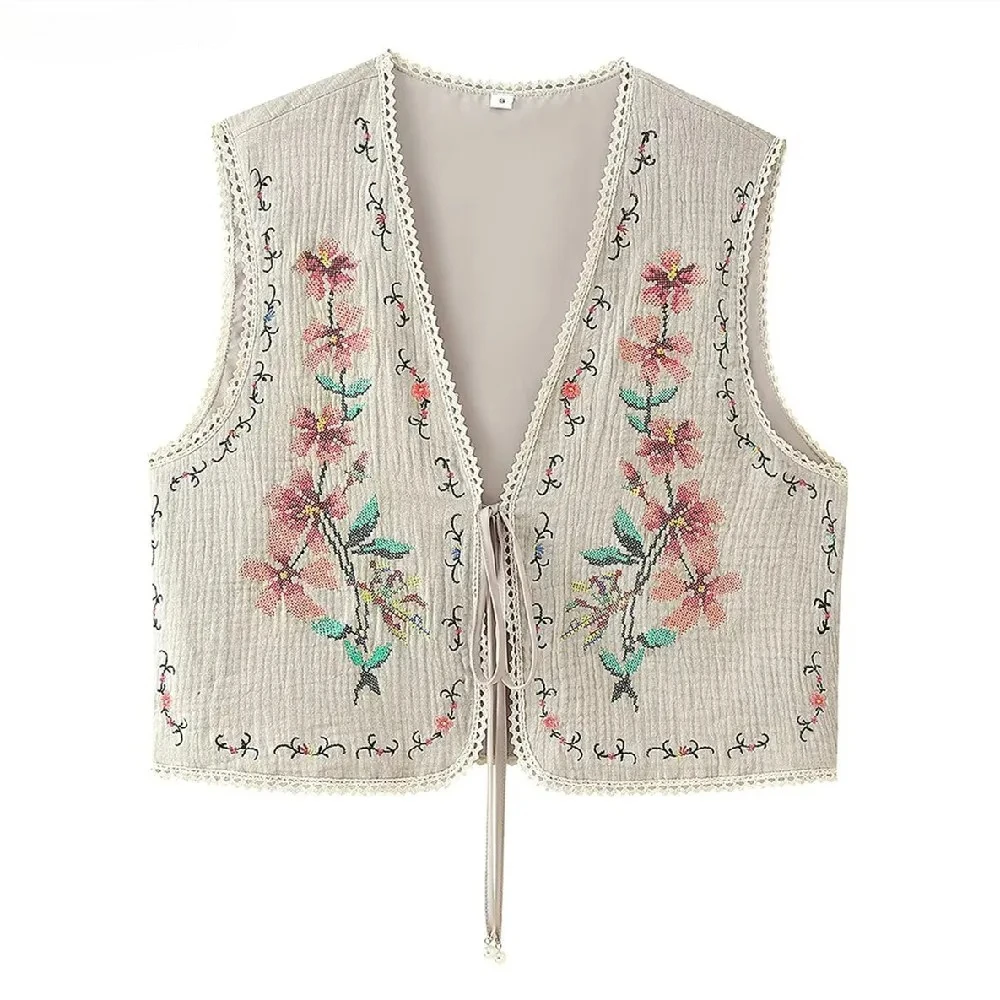 

2025 Ethnic Embroidery Flower Tie Bow Open Front Waistcoat Women Patchwork Lace BOHO Sleeveless Vest Jacket Vacation Tops
