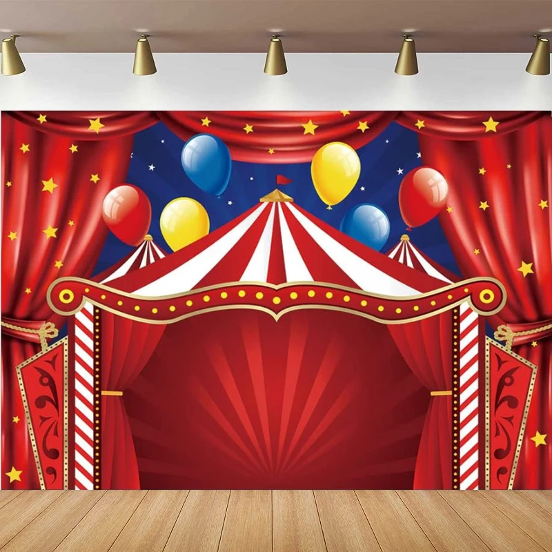 

Red Circus Carnival Photography Backdrop Curtain Stars Photo Background Newborn Baby Shower Banner Big Top Circus Birthday Party