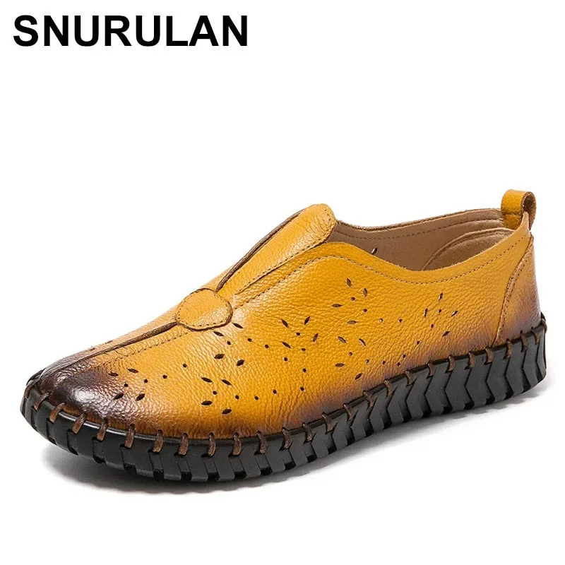 SNURULAN  Summer Genuine Leather Vintage Loafers Shoes Women Lazy Slip-On Handmade Leather Breathable Hollow Soft Shoes Woman