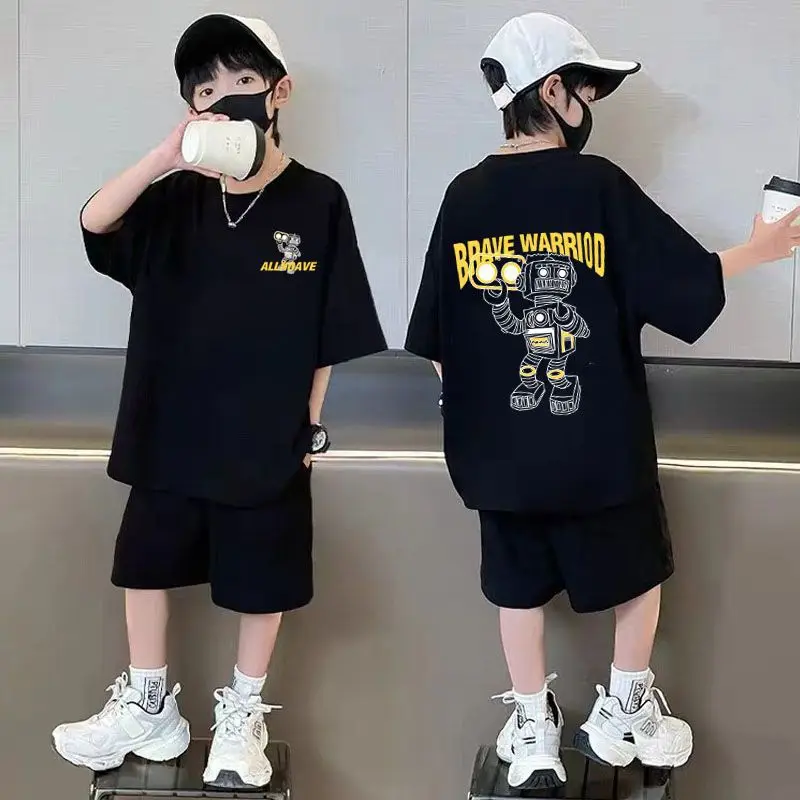 2026 summer Teens Boys Clothes set Outfit Kid robot fashion Tracksuit Child t-shirt top + solid shorts pant 4 7 8 10 12 14 Year