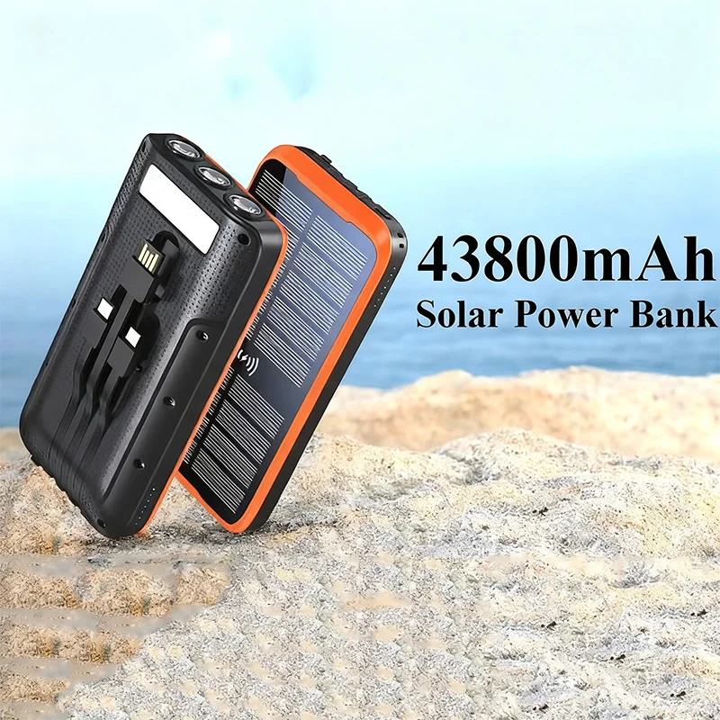 

43800mAh Solar Power Bank Portable Fast Wireless Charger Powerbank With Cable LED SOS Light for iPhone 16 Xiaomi Samsung Huawei