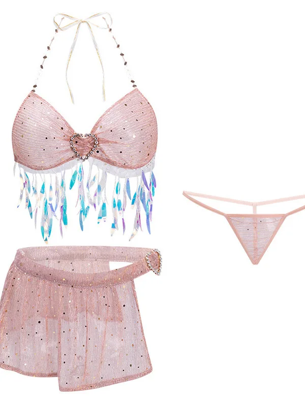 fashion women's Summer clothing hanging neck tassel 2024 new exotic beach style fresh bikini set with bow sequin decoration 0ZJI