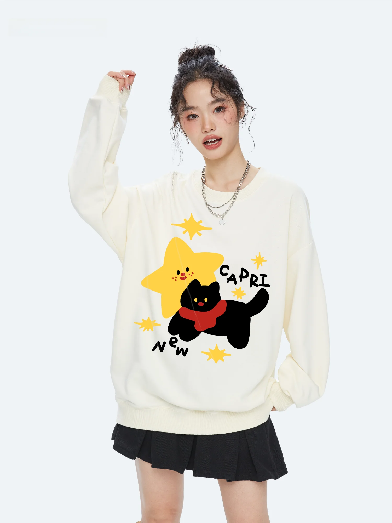 

Capricorn Fun Star round Ne Sweatirt Women's New 2025 Fce Lined Loose Top Autumn Outerwear Korean Sle Long Sve