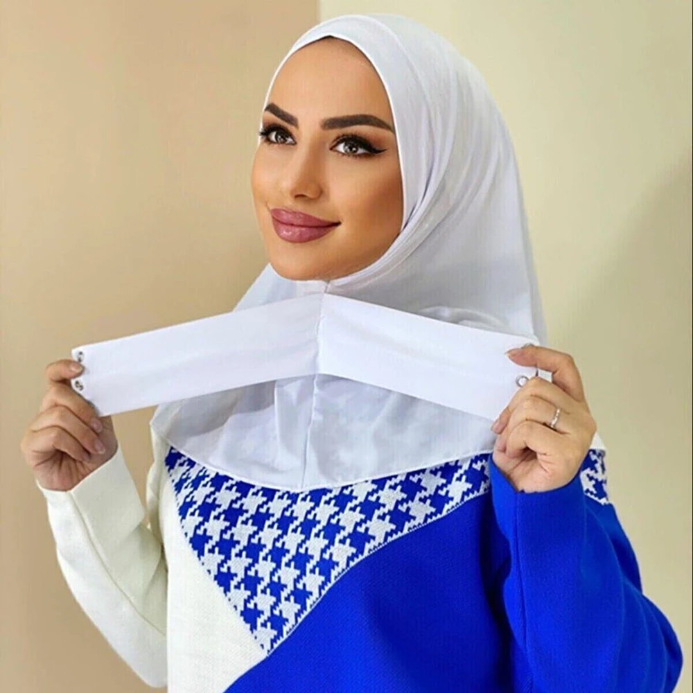 Turkish Ready to Wear Hijab with Snap Fastener Muslim Headscarf Bonnet Plain Neck Head Shawls Women\'s Turban Hat Islam Under Cap