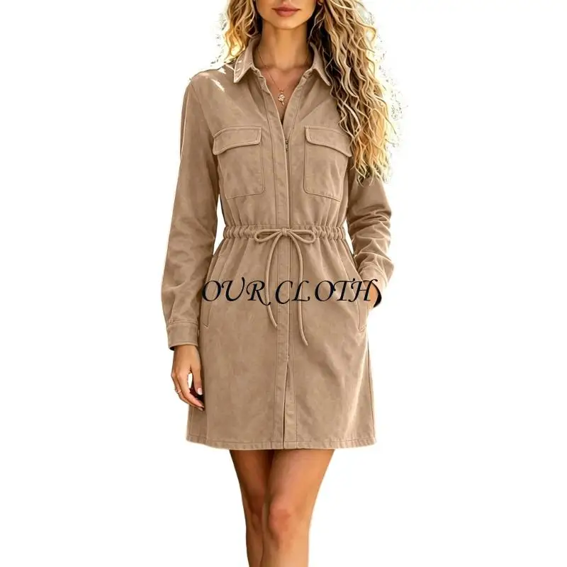 Women Faux Suede Shirt Dress, Lapel Long Sleeve Drawstring Waist Mini Dress with Flap Pockets, Casual Workwear Dress