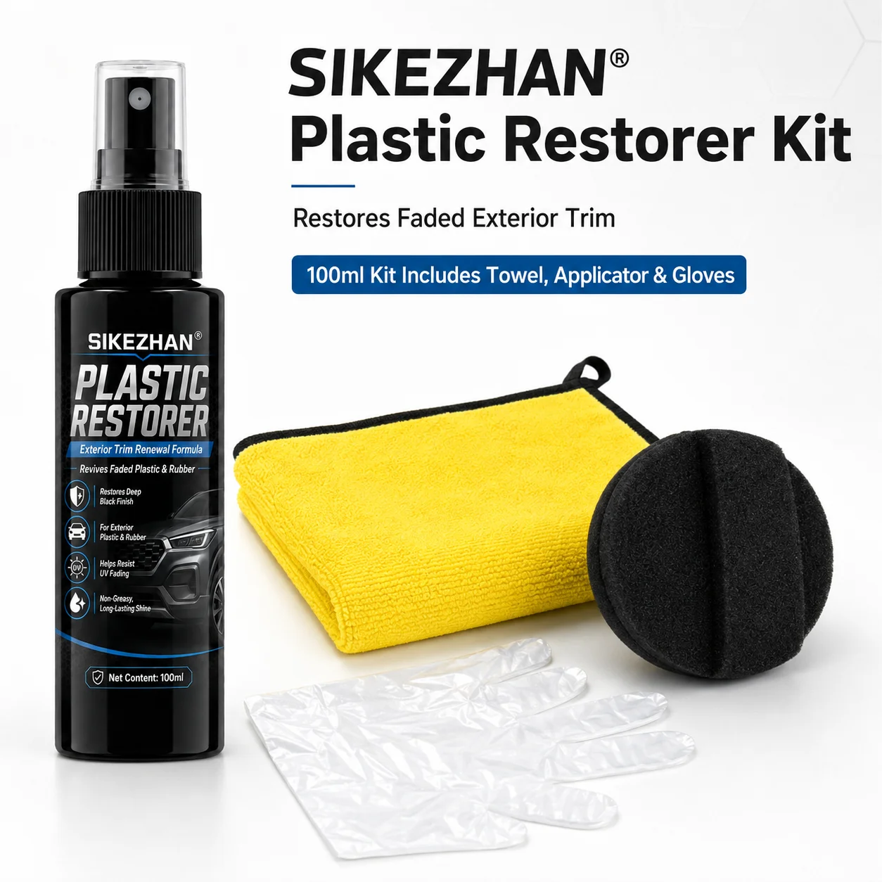 SIKEZHAN 100ml Car Plastic Restorer Kit Auto Exterior Black Trim Rubber Renewal Polish UV Protection Detailing Spray With Sponge