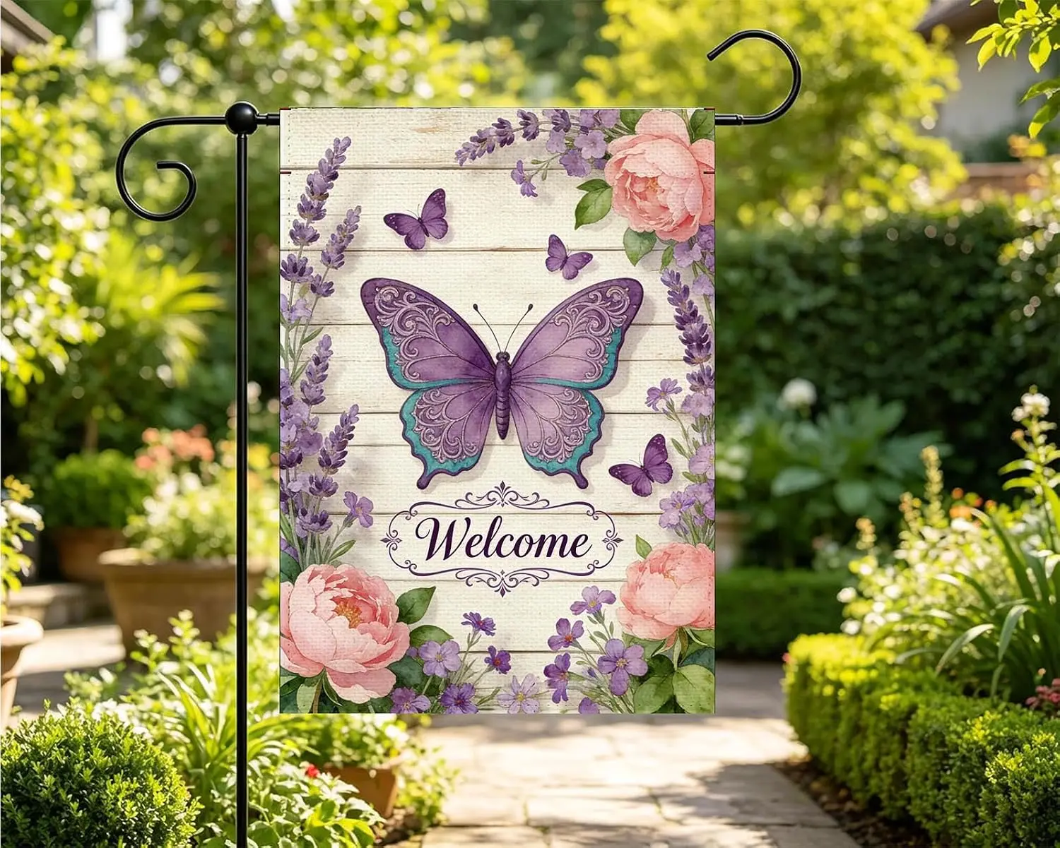 Vintage Purple Butterfly Garden Flag 12.5x18 Inch Double Sided Burlap, Lavender Peony Floral Welcome Flag, Farmhouse Patio L uui
