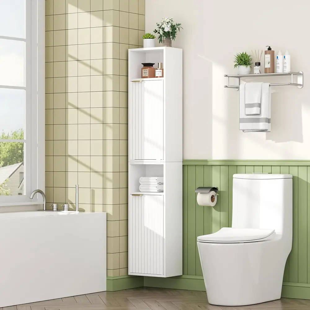 

Высокий тонкий шкаф для хранения в ванной комнате высотой 59,1 дюйма, белый | Отдельно стоящий или настенный модульный шкаф, льняная башня с рифлеными панелями и Adj