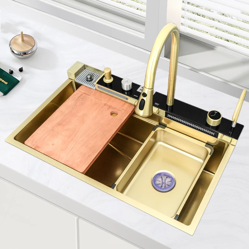 Honeycomb pattern golden whale piano digital flying rain waterfall sink large single slot 304 stainless steel kitchen sink