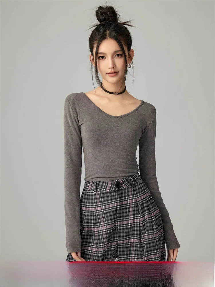 

Chill Zoe V-ne Simple Base T-irt M62406 Long Sve Autumn Regular Fit Women's Faion Daily Wear Blended Fiber T-irt