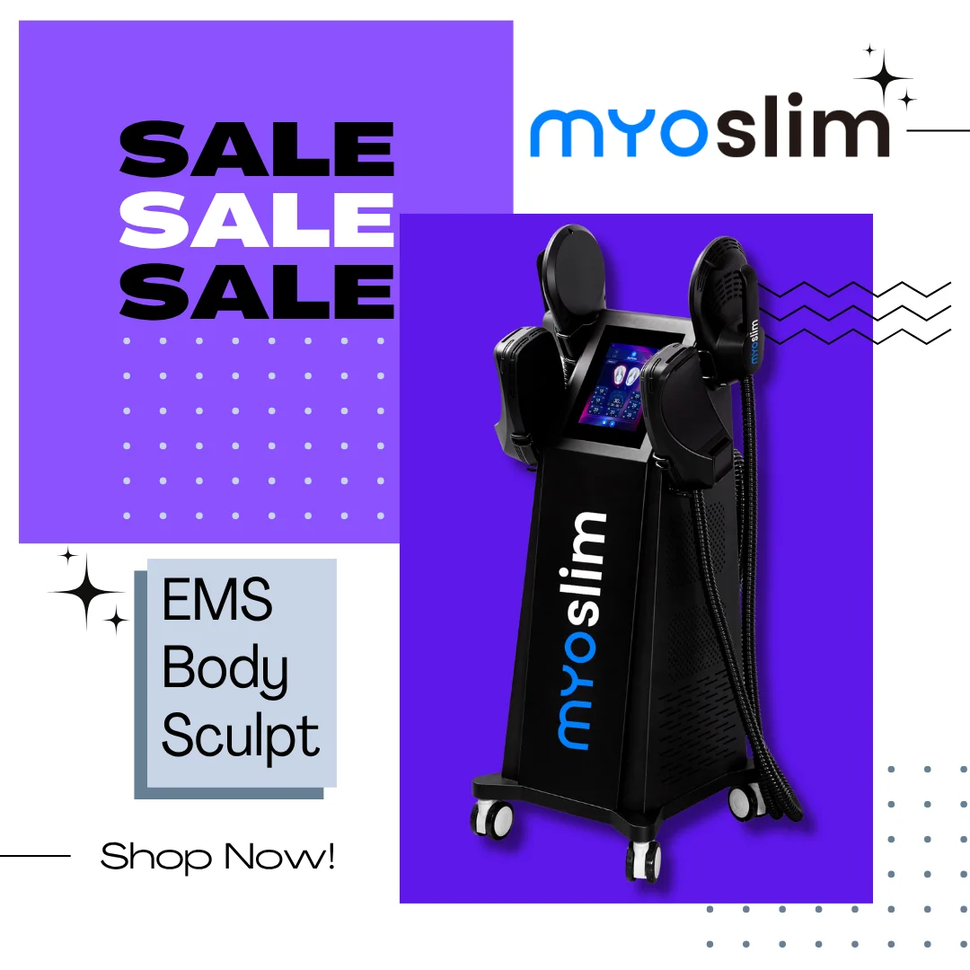 

The Myoslim electric body sculpting device is designed to stimulate muscles and remove fat. It utilizes 6500W high-power EMT rad