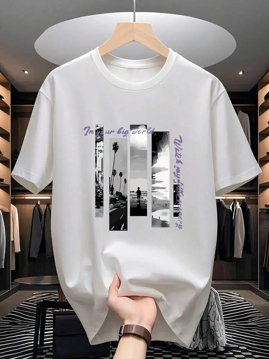 

Мужская белая футболка с графическим принтом, круглым вырезом и короткими рукавами для летнего повседневного образа