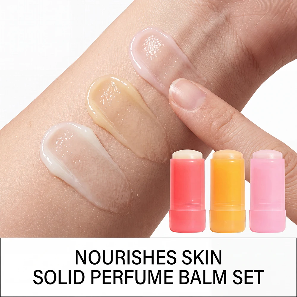 Solid Perfume Balm Lychee Vanilla Caramel 3 Scents Travel Portable Pocket Natural Long-Lasting Fragrance Gift Set view 4