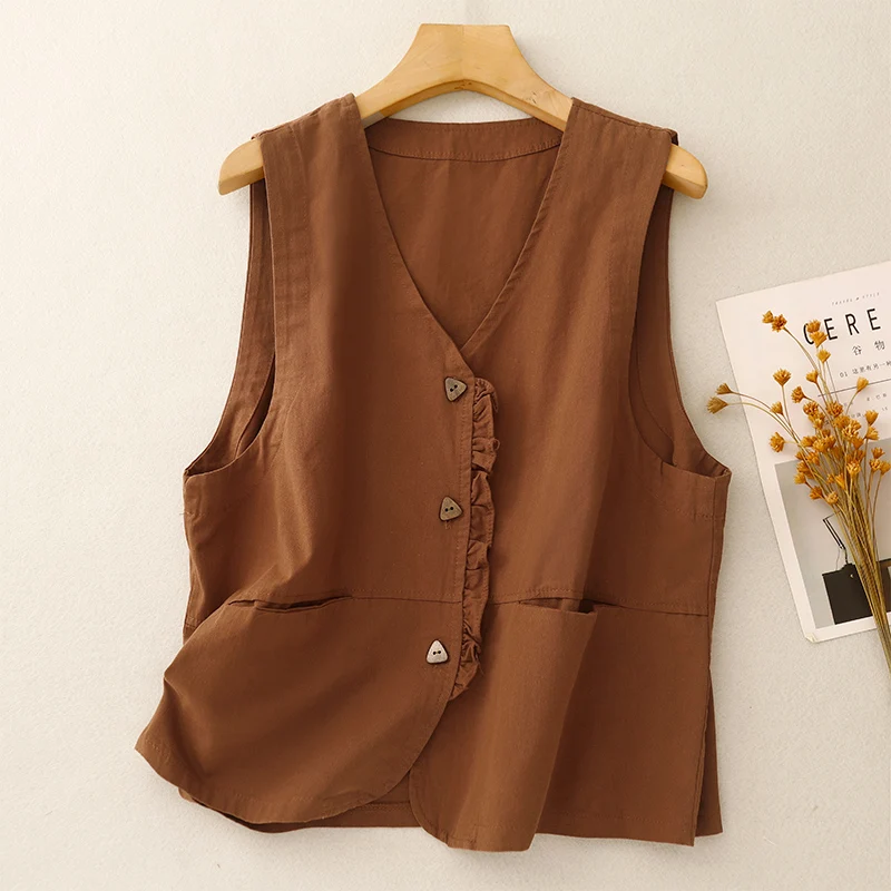 Spring Autumn Vintage Button Ruffle Cotton Vest Korean Style Cute Women's Beige Brown Coffee Sleeveless Jacket Elegant Waistcoat