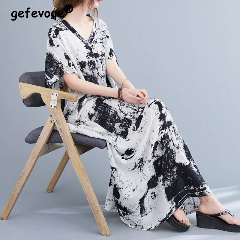 Women\'s Stylish Vintage Print Oversized Short Sleeve Casual Long Dresses Summer V Neck Boho Vacation Beach Maxi Dress Robe Femme