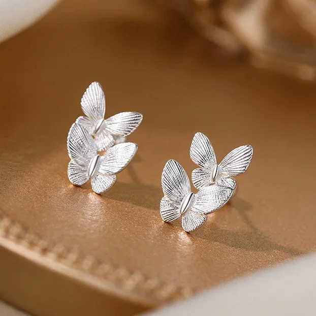 

Real 925 Sterling Silver Wire Drawing Butterfly Piercing Screw Bead Stud Earrings for Women Cute Fine Jewelry Accessories