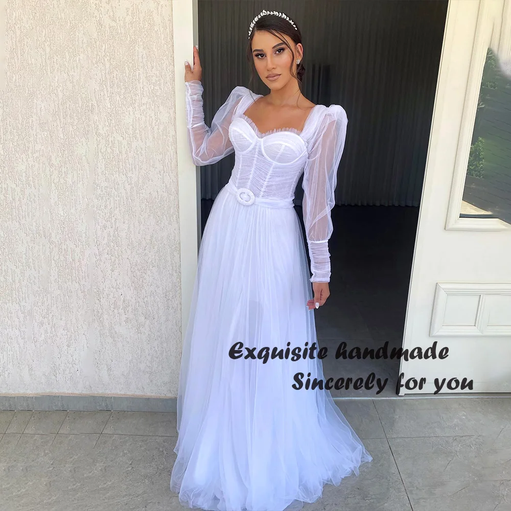 

Elegant White Wedding Dresses Pleats Tulle Long Sleeve Sweetheart Bridal Gowns Long Israel Wedding Bridesmaid Gowns