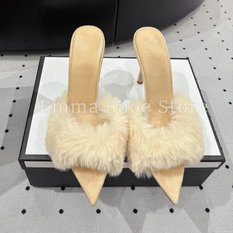 المرأة مثير ليوبارد طباعة خنجر كعب النعال مصمم فو الفراء تقليم أشار تو الصنادل الصيف أنيق فستان الحفلات الأحذية #1