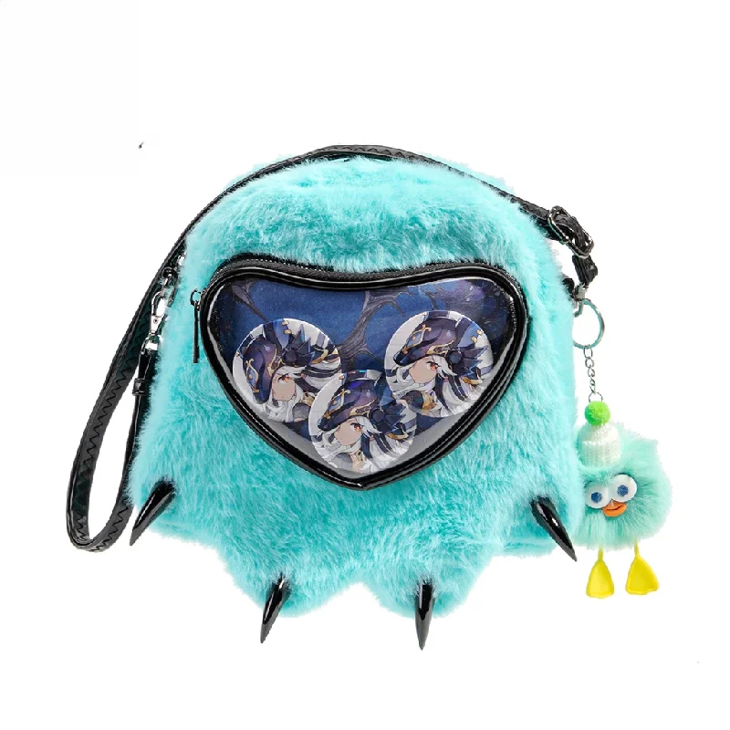 Cute Monster Claw Plush Ita Bag Turquoise Faux Fur Crossbody with Heart Clear Window Claw Spike Decor Shoulder Bag
