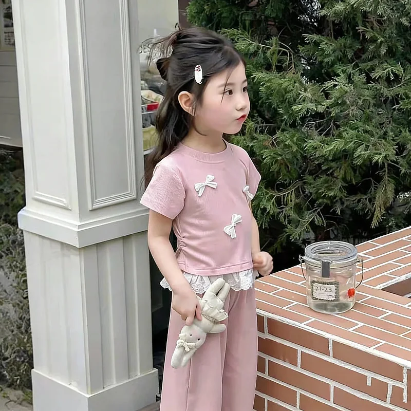 Somenie Infant & Toddler Girls' Summer Short Set Fashionable Lace-Panel Bow Top + Cropped Pants 2-Piece Outfit for  Outings