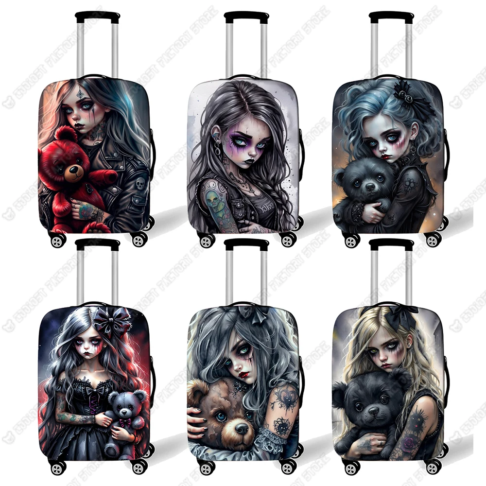 

Cartoon Gothic Girl and Bear Doll Print Luggage Cover Goth Girl Travel Accessories Suitcase Covers Trolley Case Protective Cover