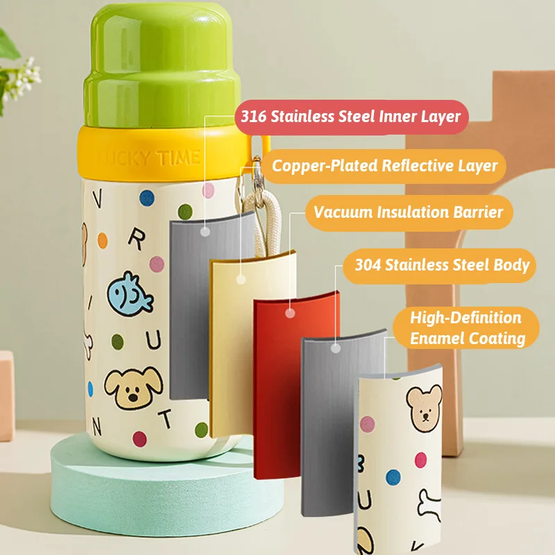 لطيف الكرتون SUS316 كوب حراري داخلي أوضاع شرب ثلاثية مانعة للتسرب مقبض محمول متعدد الطبقات العزل حواف ناعمة