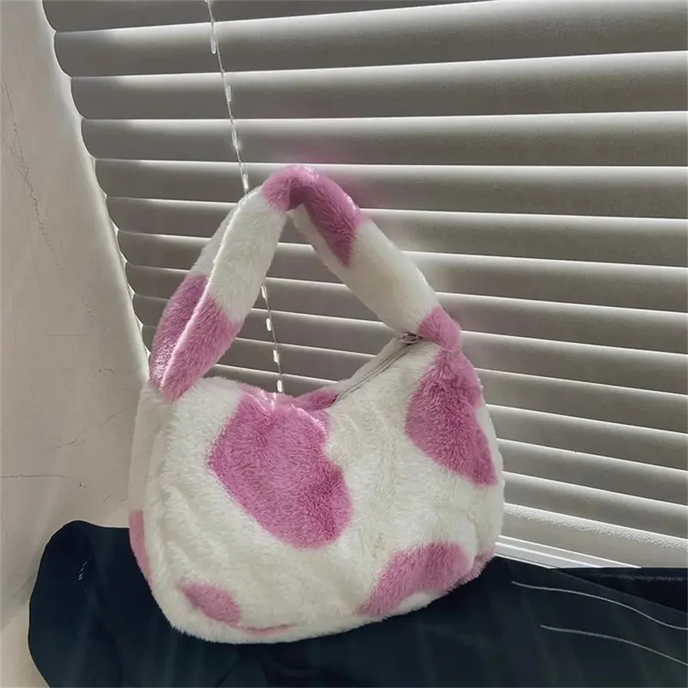 Bolsa de ombro fofa para mulheres, sacolas de pelúcia, bolsa coração peludo, moda feminina, outono e inverno