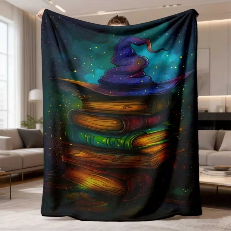 Magic Witch Hat Ancient Books Blanket Starry Night Wizard Pattern Soft Cozy Fantasy Dark Academia Home Decor Blanket