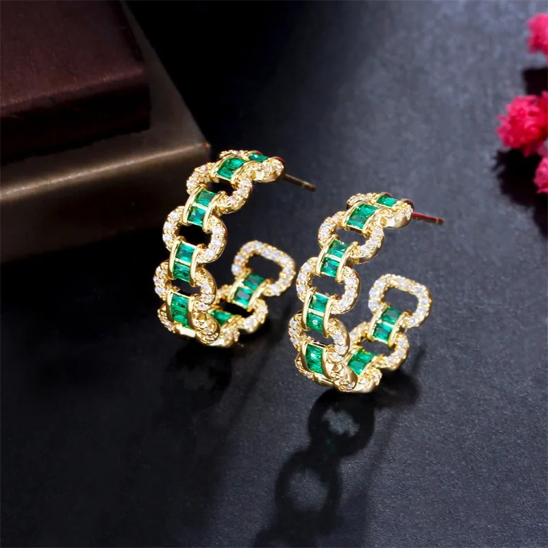 

Hot New Copper Exquisite Chain Green AAA Cubic Zirconia Geometry Hoop Earrings For Women Fashion Jewelry