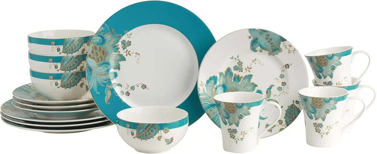 

16-Piece Porcelain Dinnerware Set for 4, Floral Plates & Bowls, Chip Resistant, Microwave & Dishwasher Safe