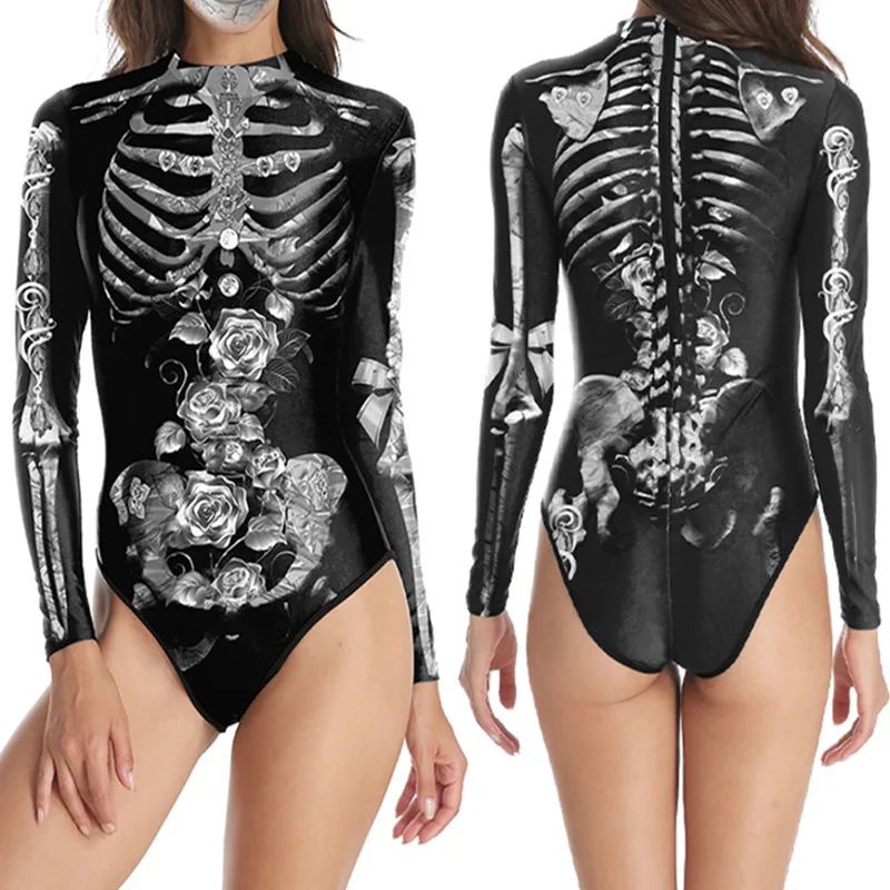 

Adult Scary Skeleton Costume Carnival Halloween Cosplay Party Rompers Zentai Jumpsuit Women Party Swimsuit