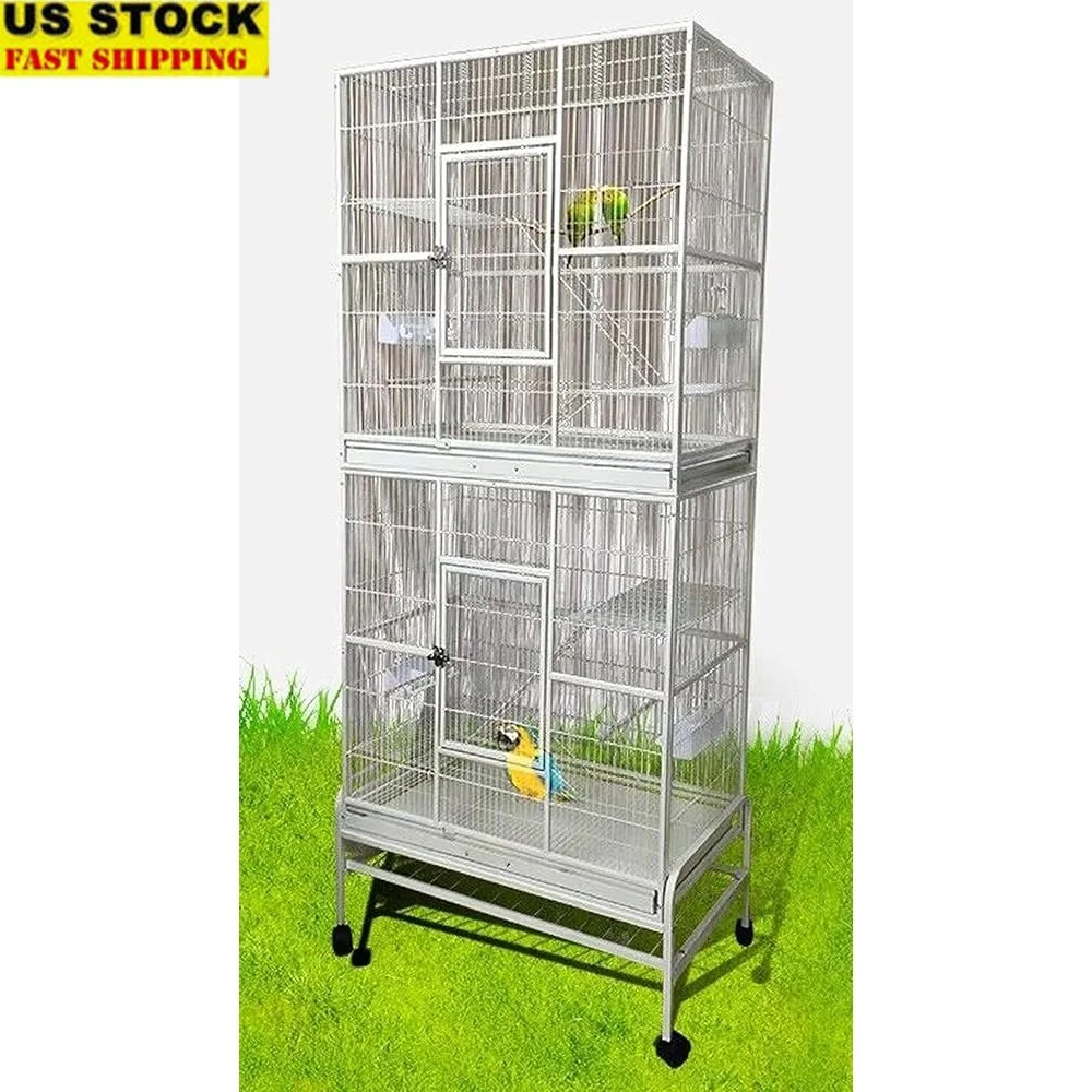 

76" Extra Large Double Stackable Wrought Iron Bird Cages Parrot Cockatiel Conure with Nesting Box Easy Assembly Rolling Stand