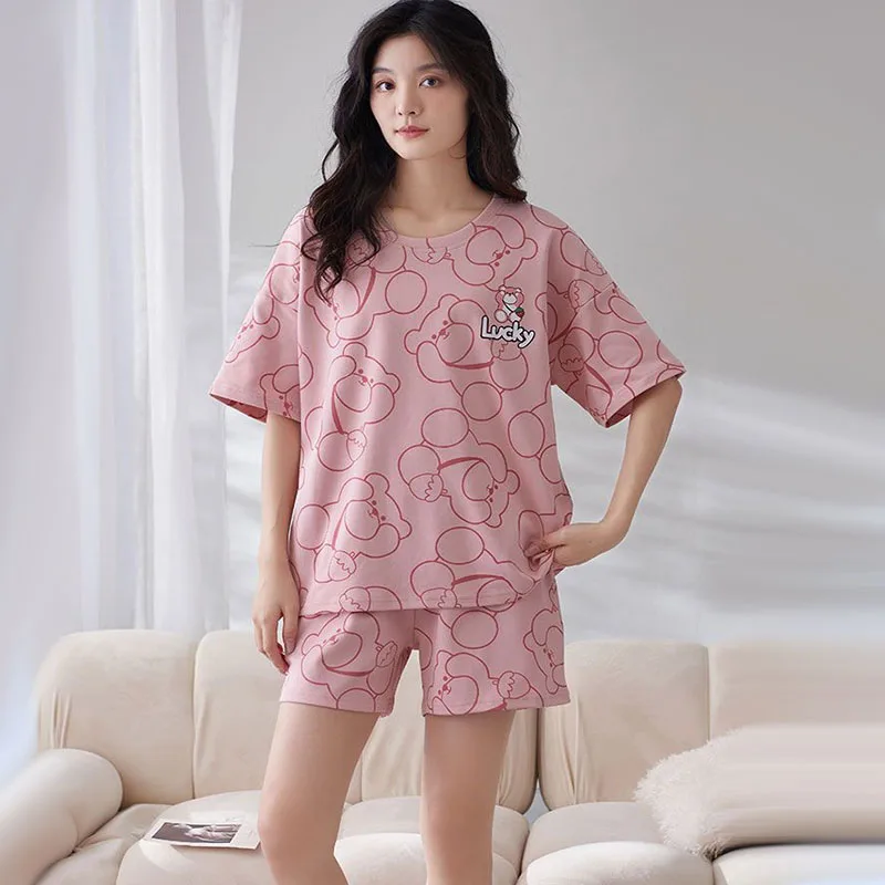 2024 Summer Women Pajama Sets Short Sleeve T-shirts+Shorts Two Pieces Suits Female Comfortable Sleepwear Casual Home Clothes