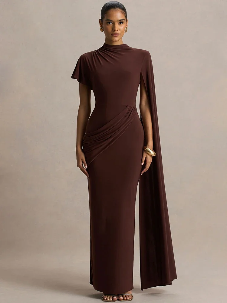 

One Long Cape Sleeve Sexy Maxi Dress Women Gown Elegant O Neck Half High Collar High Waist Ruched Club Party Long Dress