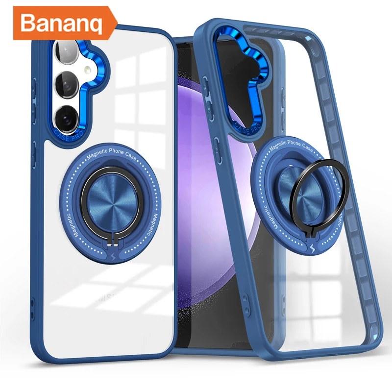

Bananq Magnetic Bracket Phone Case For Samsung S24 S23 FE Plus Ultra Finger Ring Stand Transparent Cover For Galaxy A55 A35 A15