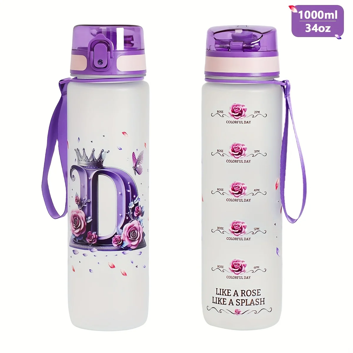 1000ml Roses and Butterflies Water Bottle Themed with The 26 Letters of The Alphabet Featuring Cup Lid and A Woven Carrying Stra