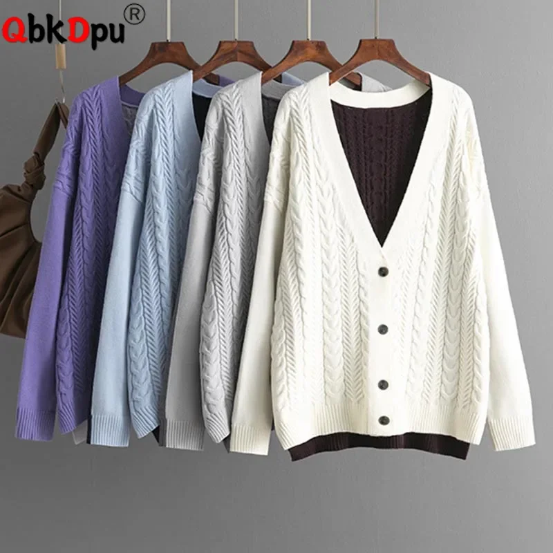 Patchwork Design Knitted Sweater Cardigan Women V-neck Single Breasted Loose Knitwears Coats Tops Casual Long Sleeve Abrigos New