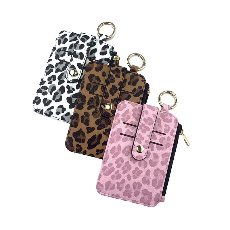 Leopard Print PU Leather Wallet with Zipper, Compact Multi-Card Holder with Hanging Loop
