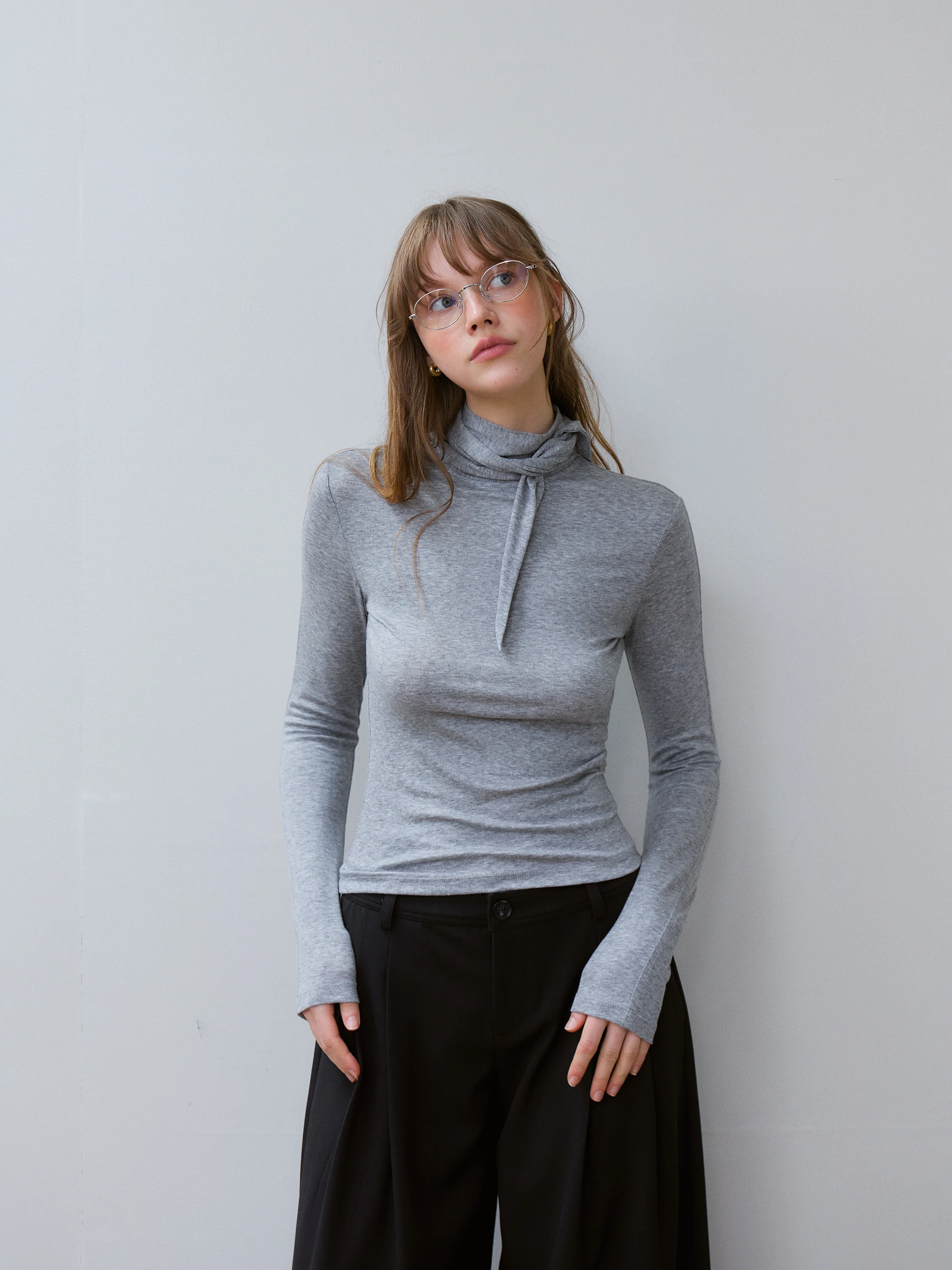 Fashionable High Neck Belted Long Sleeve Slim Fit Base Shirt T Shirt Women Autumn Thin Type Weight Loss Inner Wear over Shirt