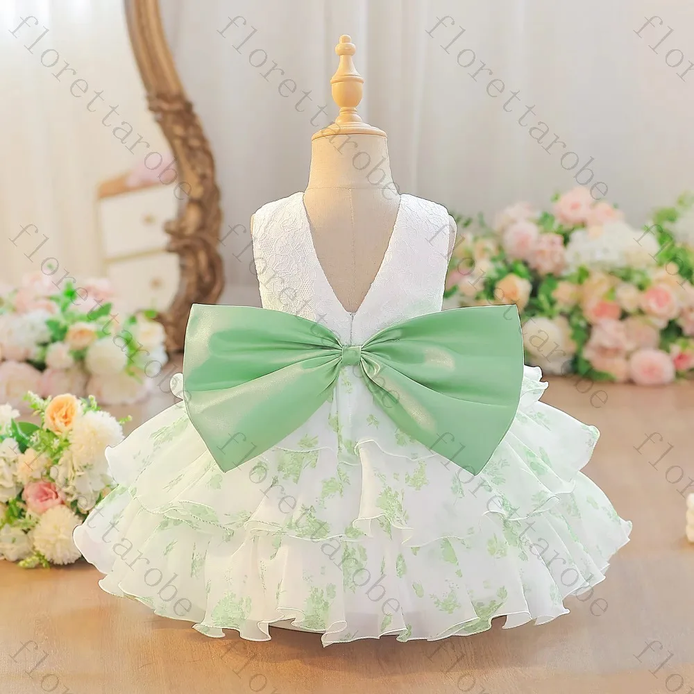 Customized Green Flower Girl Dress A Line Short Round Neck Sleeveless Lace Floral Print Tulle Bow Ruffle Kid Party Princess Gown