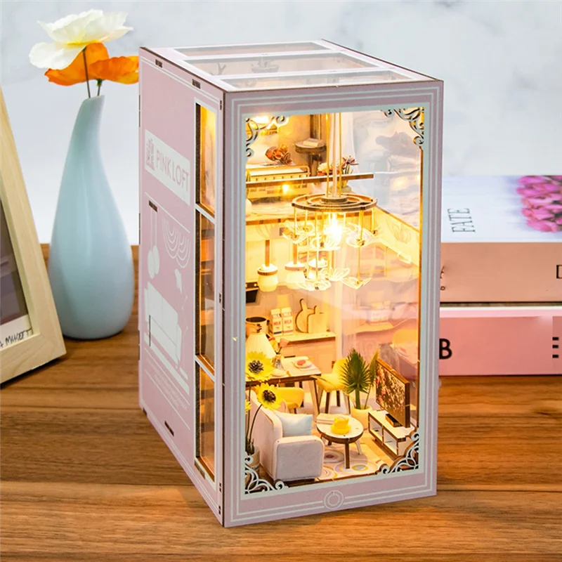DIY ブックコーナーキットミニチュアドールハウス LED ライト付き 3D パズルモデル構築木製本棚誕生日ギフト