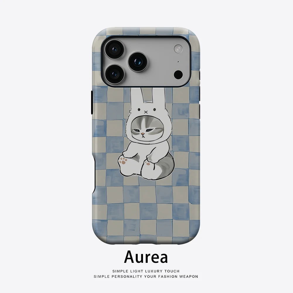 Aurea Case Matte Bumper für MagSafe Hülle für iPhone 18 17 16 15 14 Plus 13 Pro Max Stoßfeste Harte PC-Hülle mit Katze im Hasenkostüm