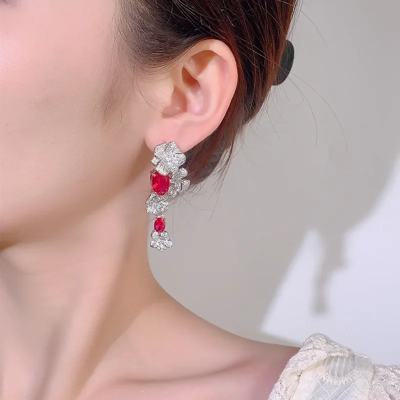 Luxurious Floral Drop Earrings with Emerald Red Accents Sparkling Crystal Flower Design Magnificent Women Jewelry Wedding Gift