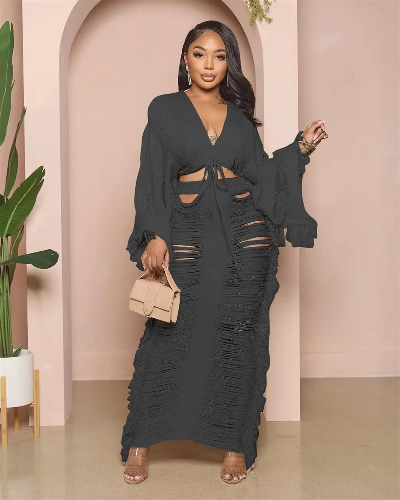 Women Knitted Hollow Out Backless Long Skirt Suit Lace-up Solid Color Short Tops Female Summer Comfortable Casual Two Piece Sets