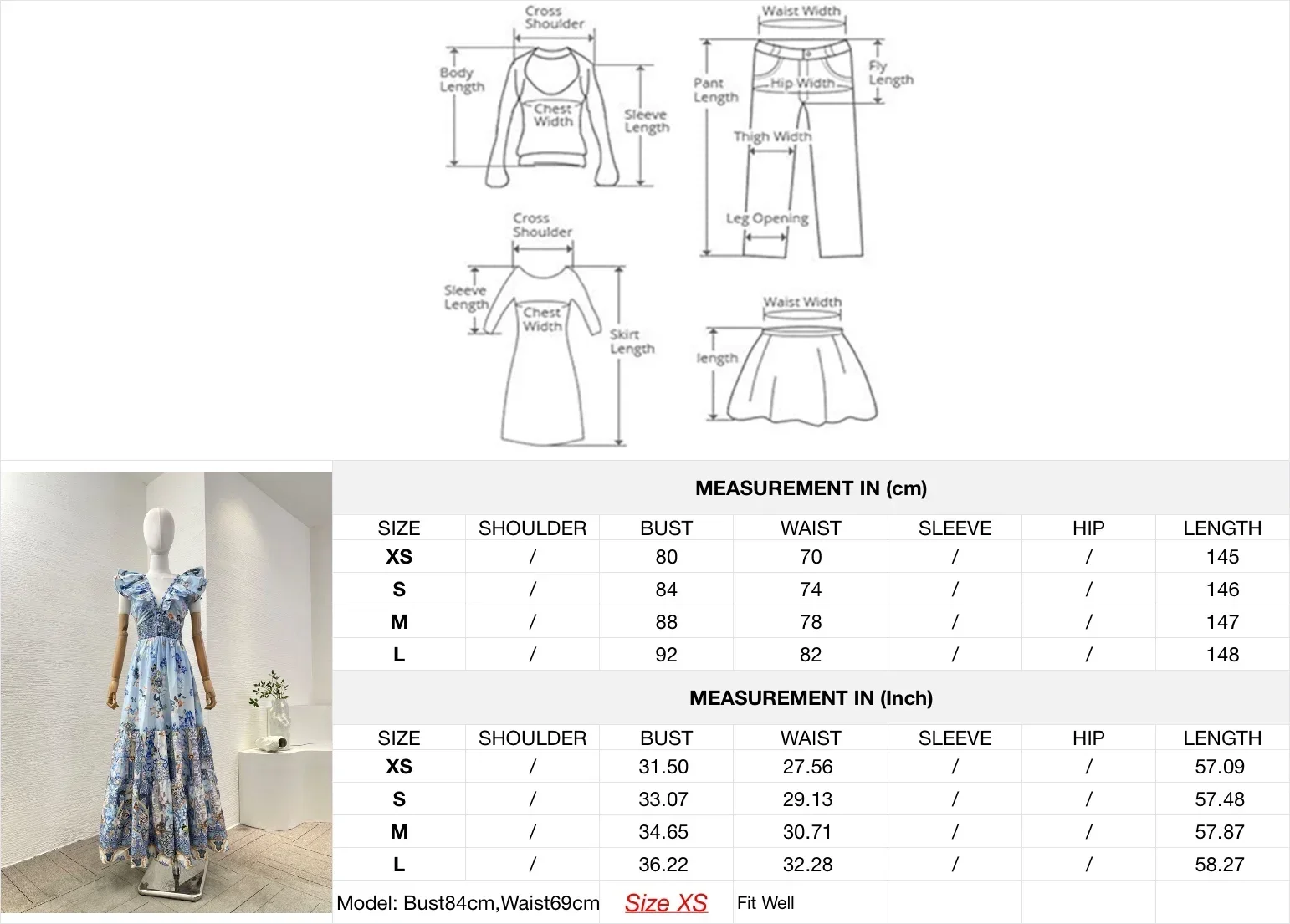 Abito da donna maxi con stampa floreale blu senza maniche con volant e scollo a V profondo con taglio sulla vita sul retro 2024 Nuovo