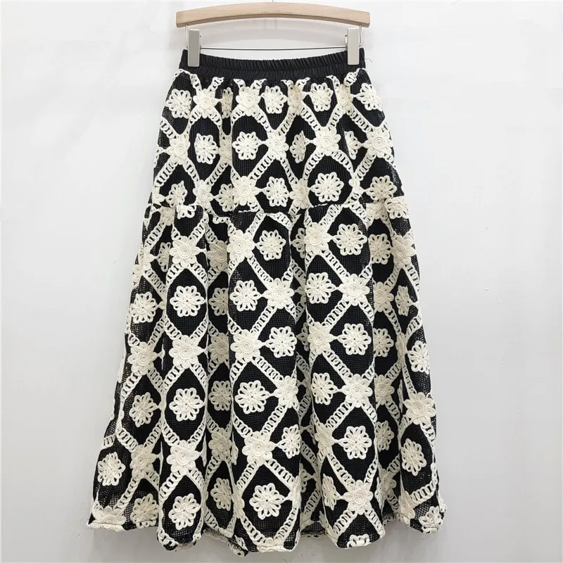 WTHT Trendy Women's Control Color Hook Flower Design Long Skirts 2024 Autumn Fashion Elastic Waist A-line Skirt Female 1LS319